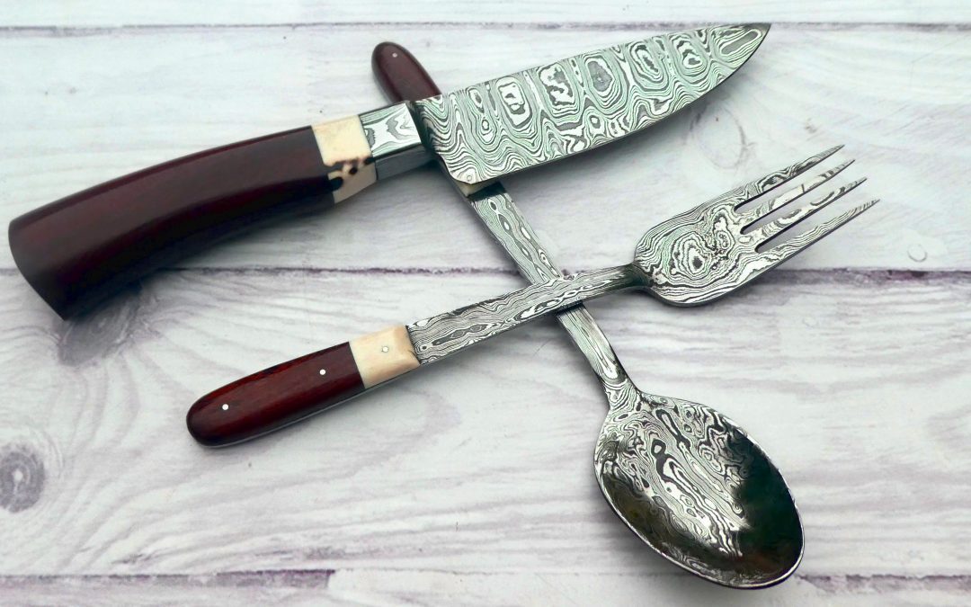 Damascus knife, fork and spoon set