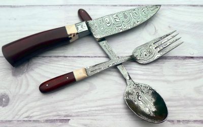 Set de cuchillo, tenedor y cuchara en acero de damasco